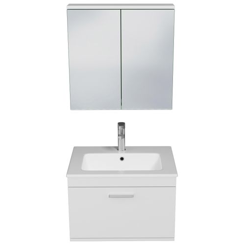 Meuble 1 Vasque Encastrée 60 Cm + Miroir Armoire 1 Tiroir Blanc Salle De Bain - Rubite