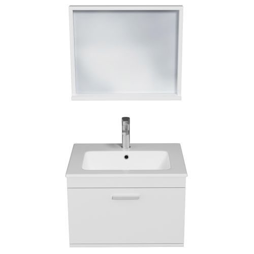 Meuble 1 Vasque Encastrée 60 Cm + Miroir Cadre 1 Tiroir Blanc Salle De Bain - Rubite