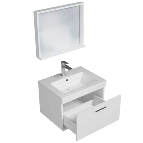 Meuble 1 Vasque Encastrée 60 Cm + Miroir Cadre 1 Tiroir Blanc Salle De Bain - Rubite