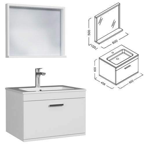 Meuble 1 Vasque Encastrée 60 Cm + Miroir Cadre 1 Tiroir Blanc Salle De Bain - Rubite