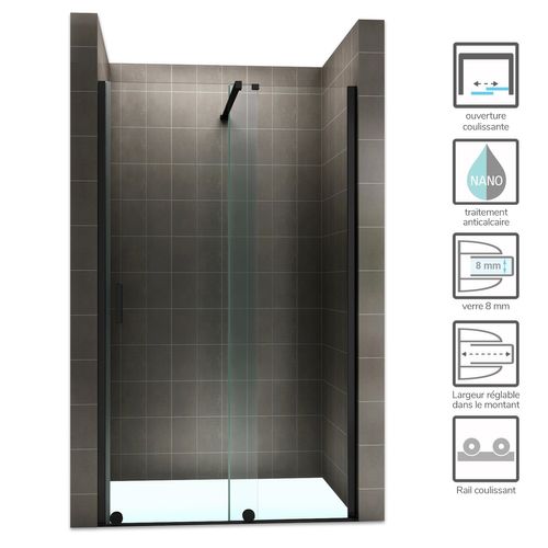Porte De Douche H200 X 180 Cm Coulissante Noire Verre Transparent 8 Mm Napoli Black