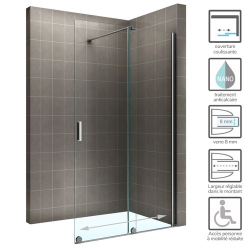 Paroi De Douche Italienne 160 X 200 Cm Coulissante Verre 8 Mm Transparent Anticalcaire Napoli