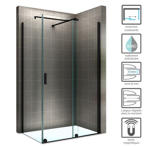 Paroi Douche D'angle Noir 80x140cm (porte 140) Coulissante Verre 8 Mm Transparent H200 Napoli-black