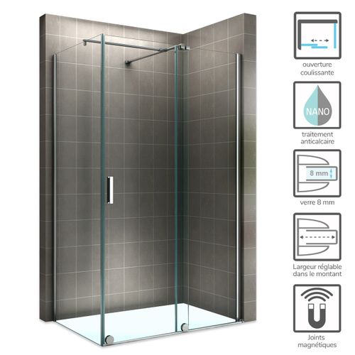 Paroi De Douche D'angle 80x140cm (porte 140) Porte Coulissante Verre 8 Mm Transparent H200 Cm Napoli