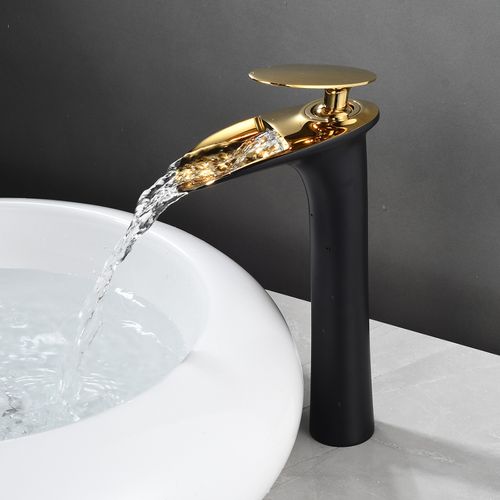 Robinet Mitigeur Bria Bec Cascade Haut Chrome Noir Et Or