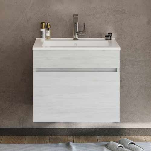 Meuble 1 Vasque 60 Cm 1 Tiroir Chêne Blanc Salle De Bain (sans Miroir Ni Colonne) - Bogota