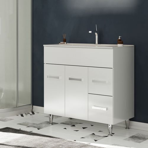 Meuble Vasque 80cm+miroir Blanc Sur Pied Salle De Bain - Madrid