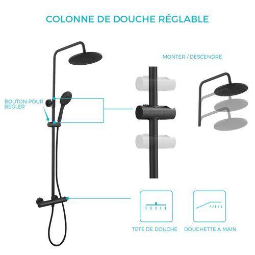 Colonne De Douche Thermostatique Hauteur Réglable - Ocea Chrome Noir Mat