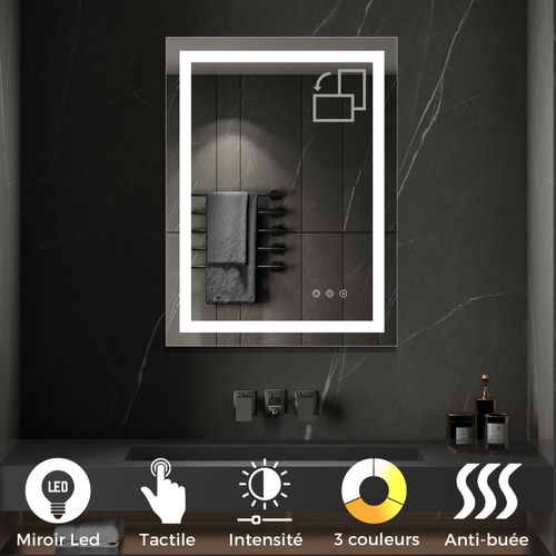 Miroir Lumineux LED Cimeo 70 X 90 Cm Antibuée + Intensité Et Couleur Réglables Salle De Bain