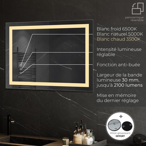 Miroir Lumineux LED Cimeo 70 X 90 Cm Antibuée + Intensité Et Couleur Réglables Salle De Bain