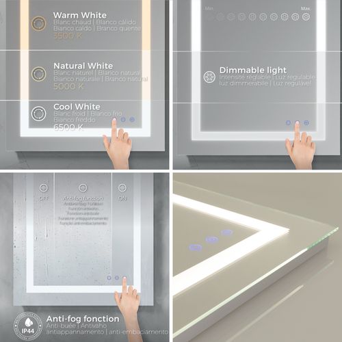 Miroir Lumineux LED Cimeo 60 X 80 Cm Antibuée + Intensité Et Couleur Réglables Salle De Bain