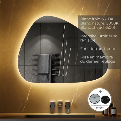Miroir Galet Lumineux LED Galeo 60 X 80 Cm Antibuée, Intensité Et Couleurs Réglables Salle De Bain