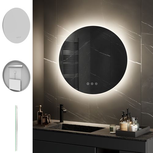 Miroir LED Lumineux Rond Vekio Ø80cm Tactile Antibuée, Intensité Et Couleur Réglables Salle De Bain