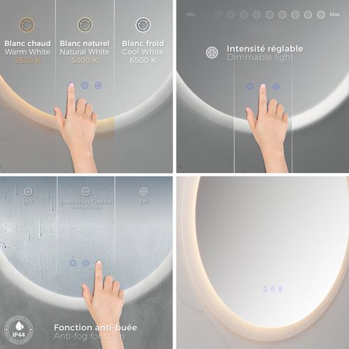 Miroir LED Lumineux Rond Vekio Ø80cm Tactile Antibuée, Intensité Et Couleur Réglables Salle De Bain