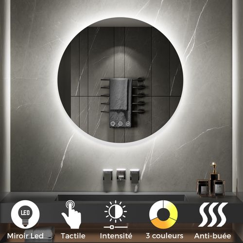 Miroir LED Lumineux Rond Vekio D.60cm Tactile Antibuée, Intensité Et Couleur Réglables Salle De Bain
