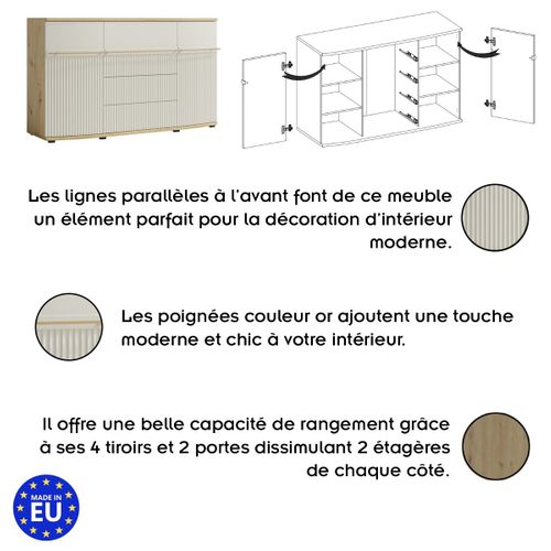 Candy Buffet 2 Portes 4 Tiroirs 175x101 Cm Courbé à Relief En Bois Design Moderne Épuré Blanc Cassé