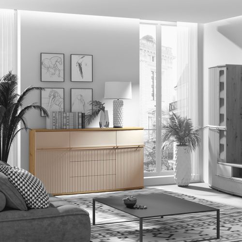 Candy Buffet 2 Portes 4 Tiroirs 175x101 Cm Courbé à Relief En Bois Design Moderne Épuré Blanc Cassé