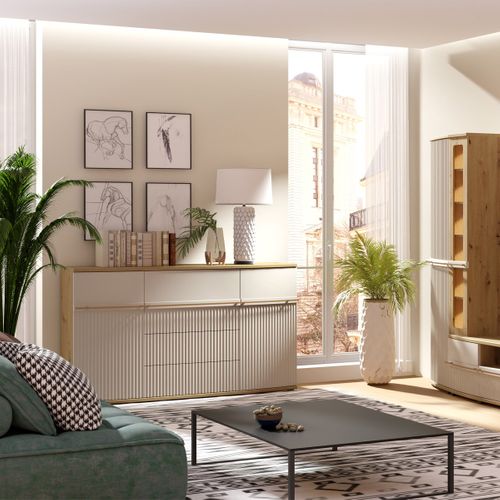 Candy Buffet 2 Portes 4 Tiroirs 175x101 Cm Courbé à Relief En Bois Design Moderne Épuré Blanc Cassé