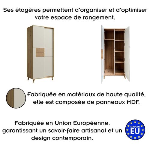Bruno Armoire Penderie 2 Portes 87x193 Cm En Bois Clair Design Intemporel    Blanc