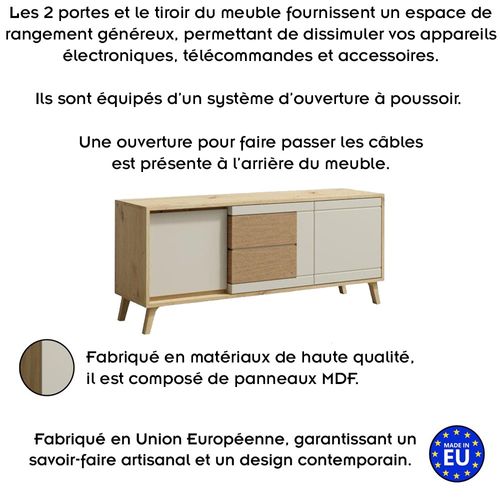 Bruno Meuble TV 2 Portes 1 Tiroir 130x53 Cm En Bois Clair Design Intemporel    Blanc