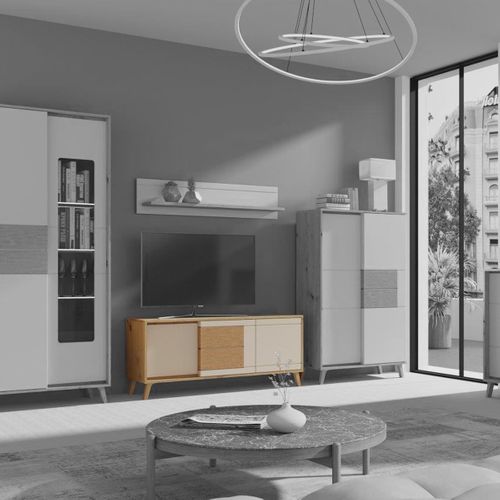 Bruno Meuble TV 2 Portes 1 Tiroir 130x53 Cm En Bois Clair Design Intemporel    Blanc