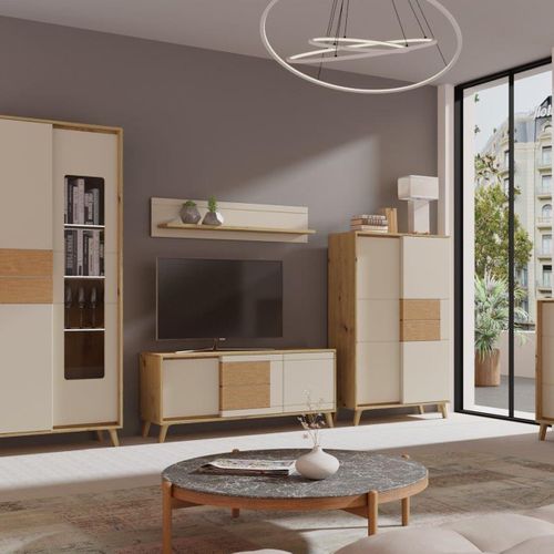 Bruno Meuble TV 2 Portes 1 Tiroir 130x53 Cm En Bois Clair Design Intemporel    Blanc