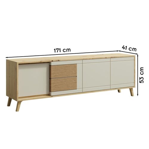 Bruno Meuble TV 2 Portes 2 Tiroirs 171x53 Cm En Bois Clair Design Intemporel Blanc