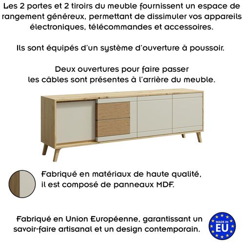 Bruno Meuble TV 2 Portes 2 Tiroirs 171x53 Cm En Bois Clair Design Intemporel Blanc