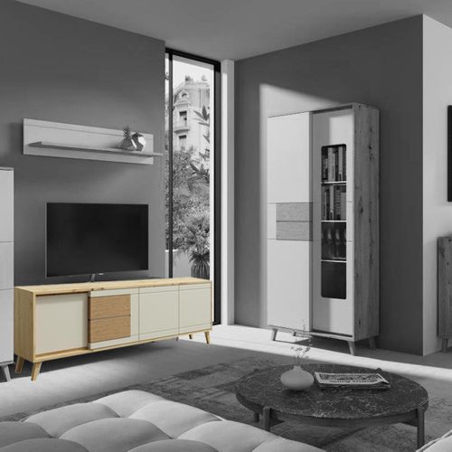 Bruno Meuble TV 2 Portes 2 Tiroirs 171x53 Cm En Bois Clair Design Intemporel Blanc