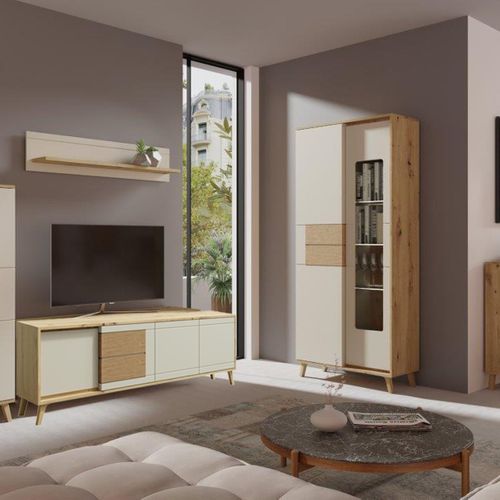 Bruno Meuble TV 2 Portes 2 Tiroirs 171x53 Cm En Bois Clair Design Intemporel Blanc
