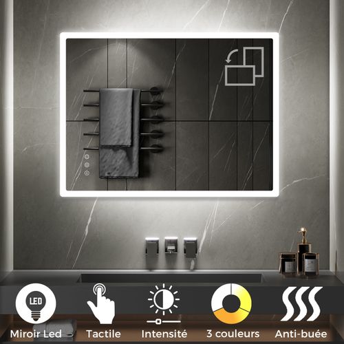 Miroir Lumineux LED Boleo 90 X 120 Cm Antibuée + Intensité Et Couleur Réglables Salle De Bain