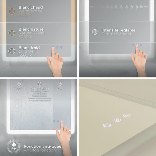 Miroir Lumineux LED Boleo 70 X 100 Cm Antibuée + Intensité Et Couleur Réglables Salle De Bain