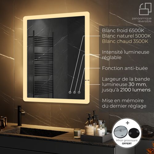 Miroir Lumineux LED Boleo 60 X 80 Cm Antibuée + Intensité Et Couleur Réglables Salle De Bain