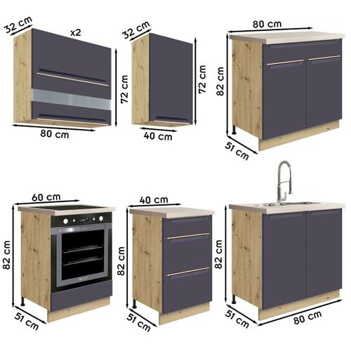 Glam Ensemble Meubles De Cuisine 7 Éléments 260 Cm Bois Bleu Mat Sans Plan De Travail