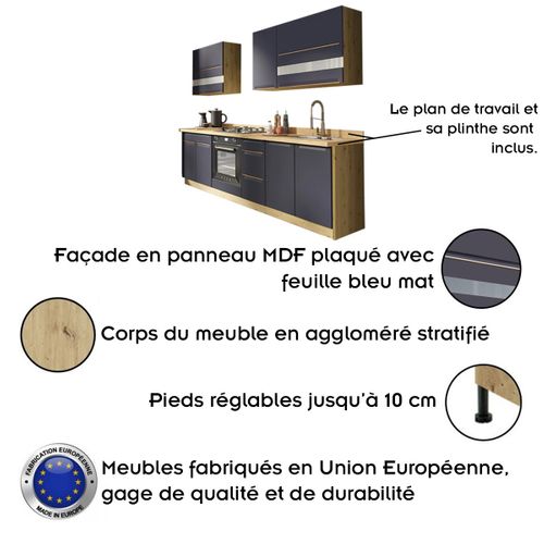 Glam Ensemble Meubles De Cuisine 7 Éléments 260 Cm Bois    Bleu Mat   Avec Plan De Travail