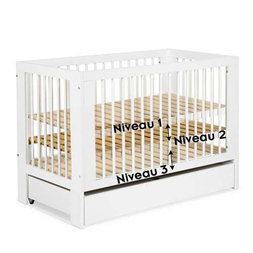 Olivia Lit Bébé à Barreaux 120x60    Blanc   Avec Tiroir