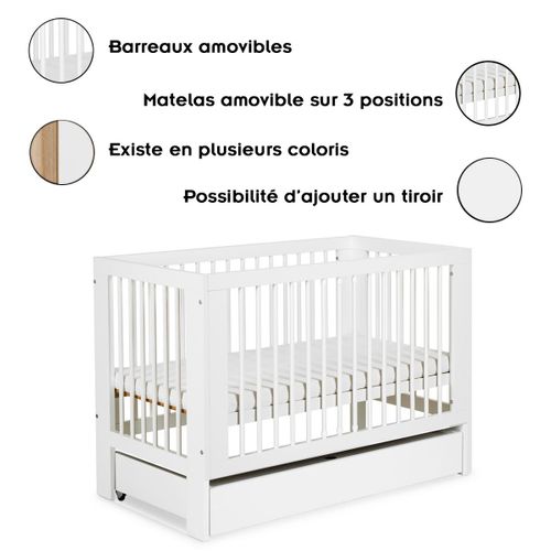 Olivia Lit Bébé à Barreaux 120x60    Blanc   Avec Tiroir