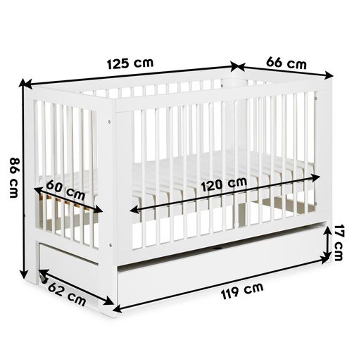 Olivia Lit Bébé à Barreaux 120x60    Blanc   Avec Tiroir