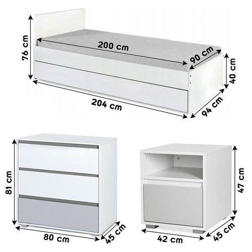 Dalia Chambre Enfant Adolescent Avec Lit, Chevet, Commode Blanc