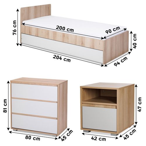 Dalia Chambre Enfant Adolescent Avec Lit, Chevet, Commode Hêtre