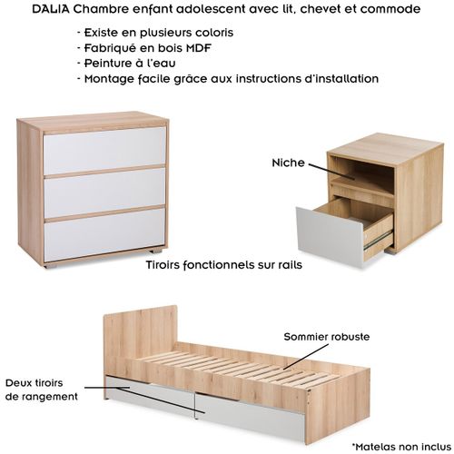 Dalia Chambre Enfant Adolescent Avec Lit, Chevet, Commode Hêtre