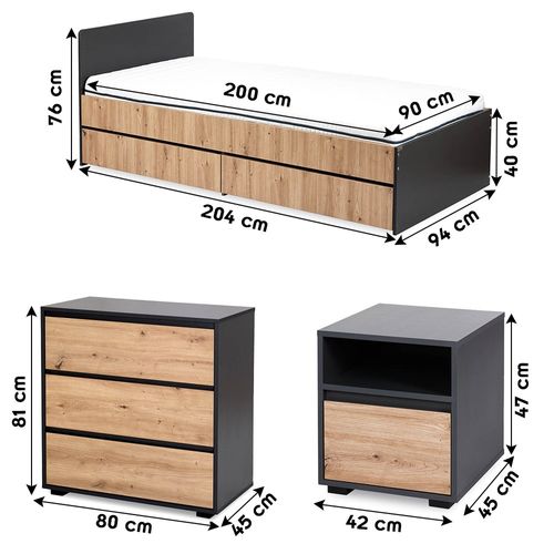 Dalia Chambre Enfant Adolescent Avec Lit, Chevet, Commode Anthracite/chêne