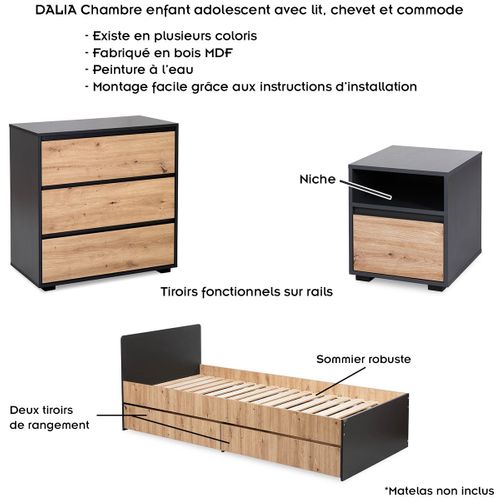 Dalia Chambre Enfant Adolescent Avec Lit, Chevet, Commode Anthracite/chêne