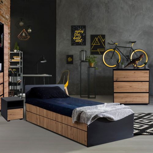 Dalia Chambre Enfant Adolescent Avec Lit, Chevet, Commode Anthracite/chêne
