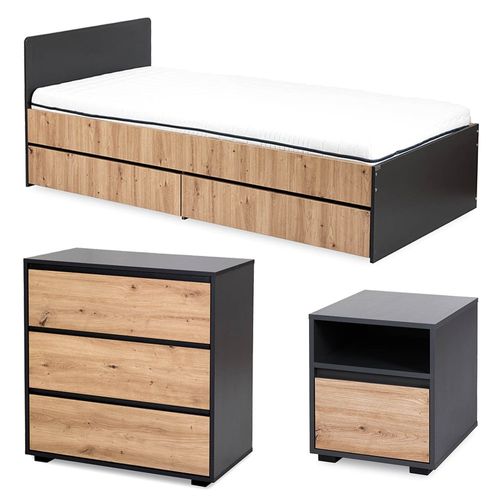 Dalia Chambre Enfant Adolescent Avec Lit, Chevet, Commode Anthracite/chêne