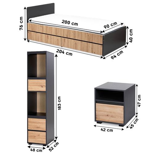 Dalia Chambre Enfant Adolescent Avec Lit, Chevet, Etagère Anthracite/chêne