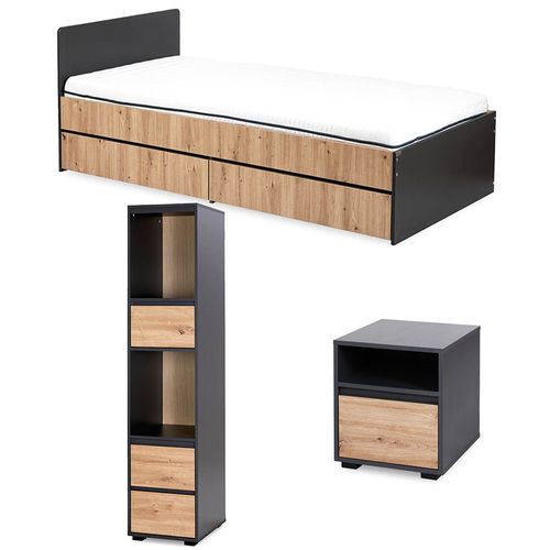 Dalia Chambre Enfant Adolescent Avec Lit, Chevet, Etagère Anthracite/chêne