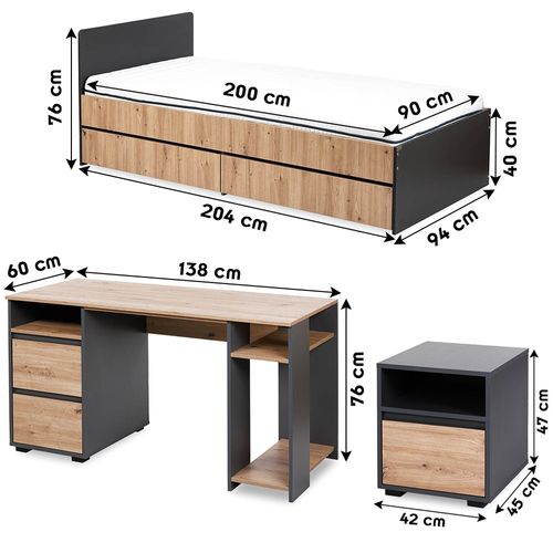 Dalia Chambre Enfant Adolescent Avec Lit, Chevet, Bureau Anthracite/chêne