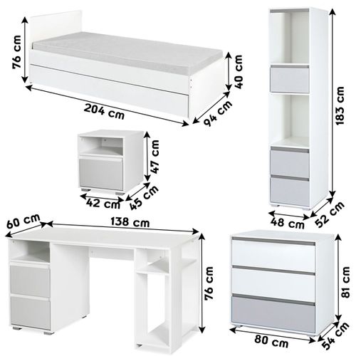 Dalia Chambre Enfant Adolescent Avec Lit, Chevet, Commode, Etagère, Bureau Blanc