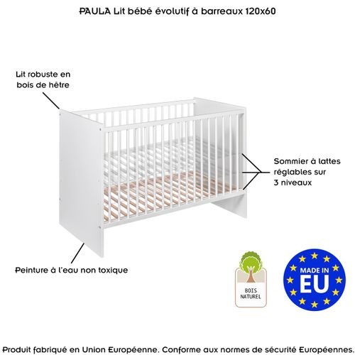 Paula Lit Bébé Évolutif à Barreaux Vernis Écologique Design Moderne    Blanc   120x60 Cm